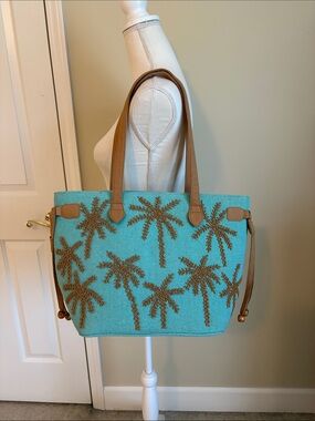 Turquoise Palm-Beaded Tote with Tan Straps
